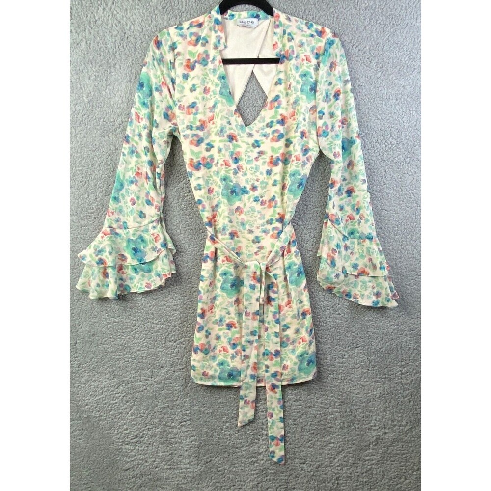 Bebe Size Small Tunic Top Dress Floral White Long Sleeves Boho Summer